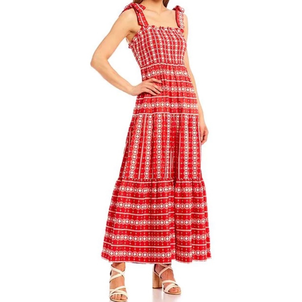 NWT Embroidered Square Neck Tie Strap Smocked Tiered Maxi Dress Size Medium